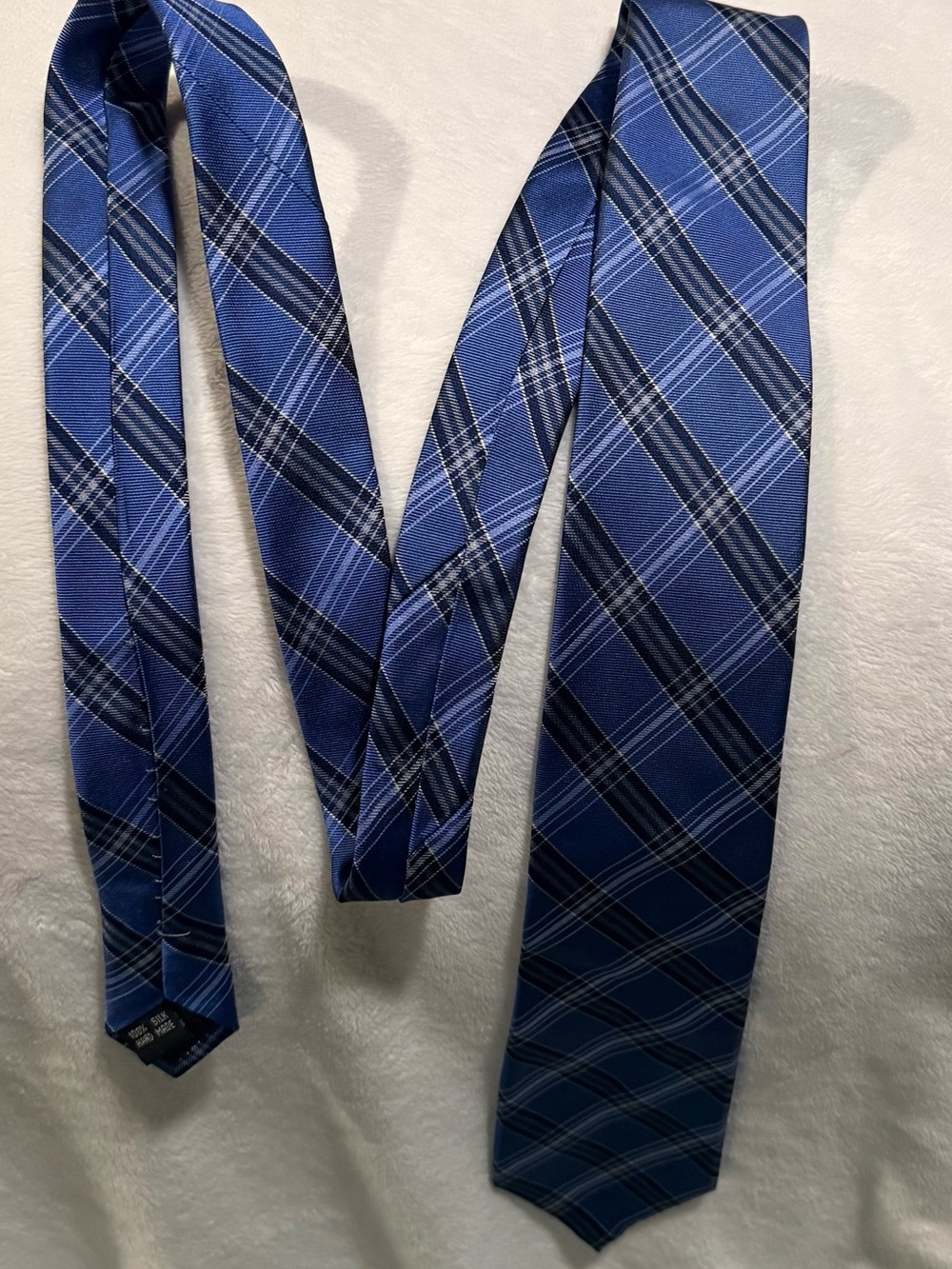 Piattelli Blue Plaid Silk Tie with Black and White Stripes